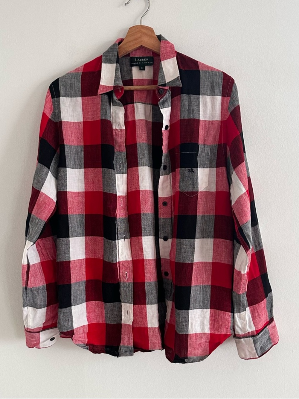 Lauren Ralph Lauren buffalo plaid red and white linen blend shirt medium